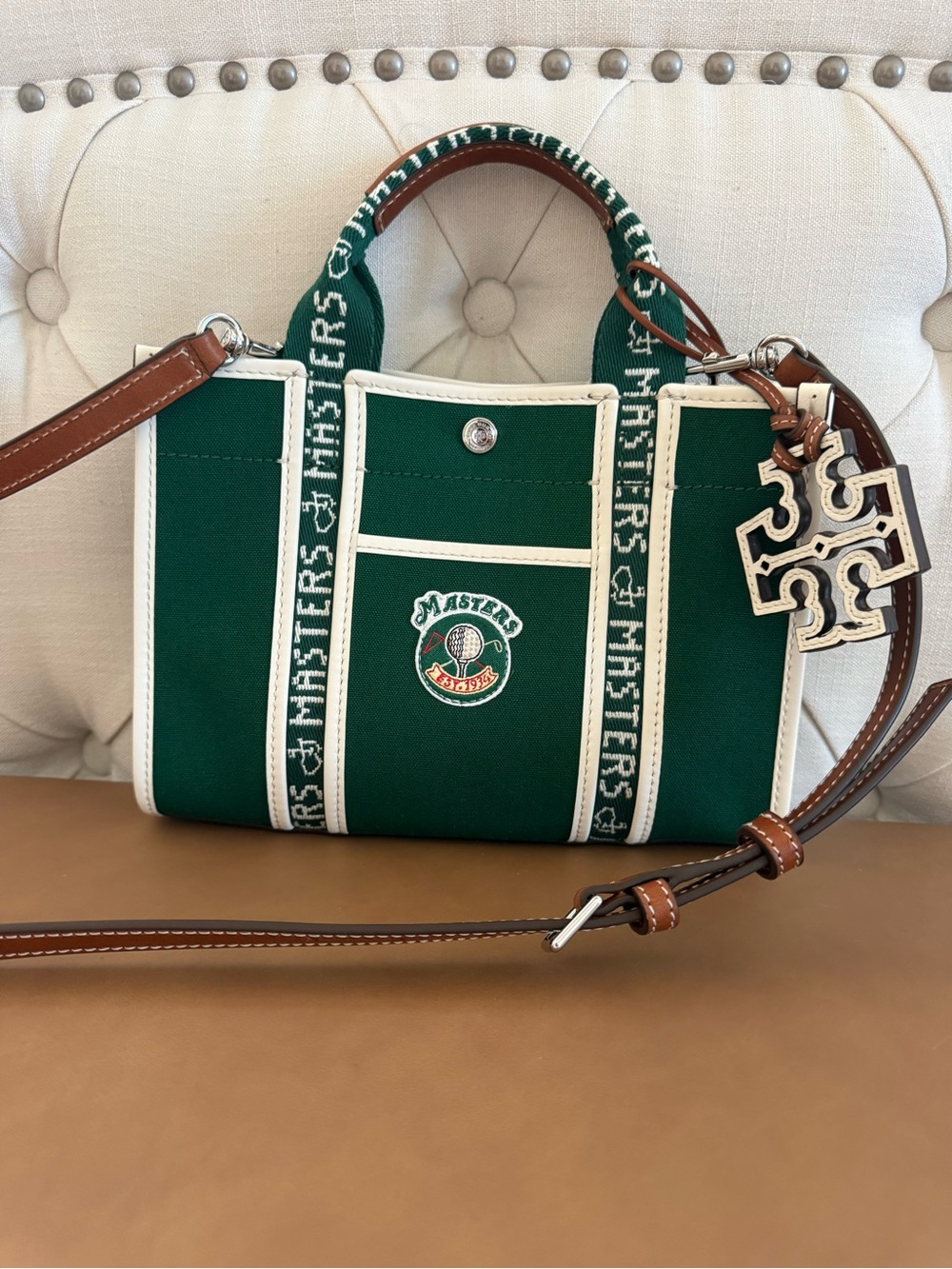Tory Burch Green Canvas Masters Tote with White Trim & Brown Leather Accents